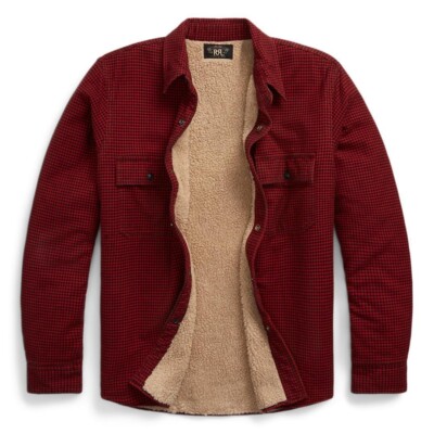 RRL RALPH LAUREN Plaid Boa fleece lined Shirt Jacket Blouson Men Size M Red  New | eBay