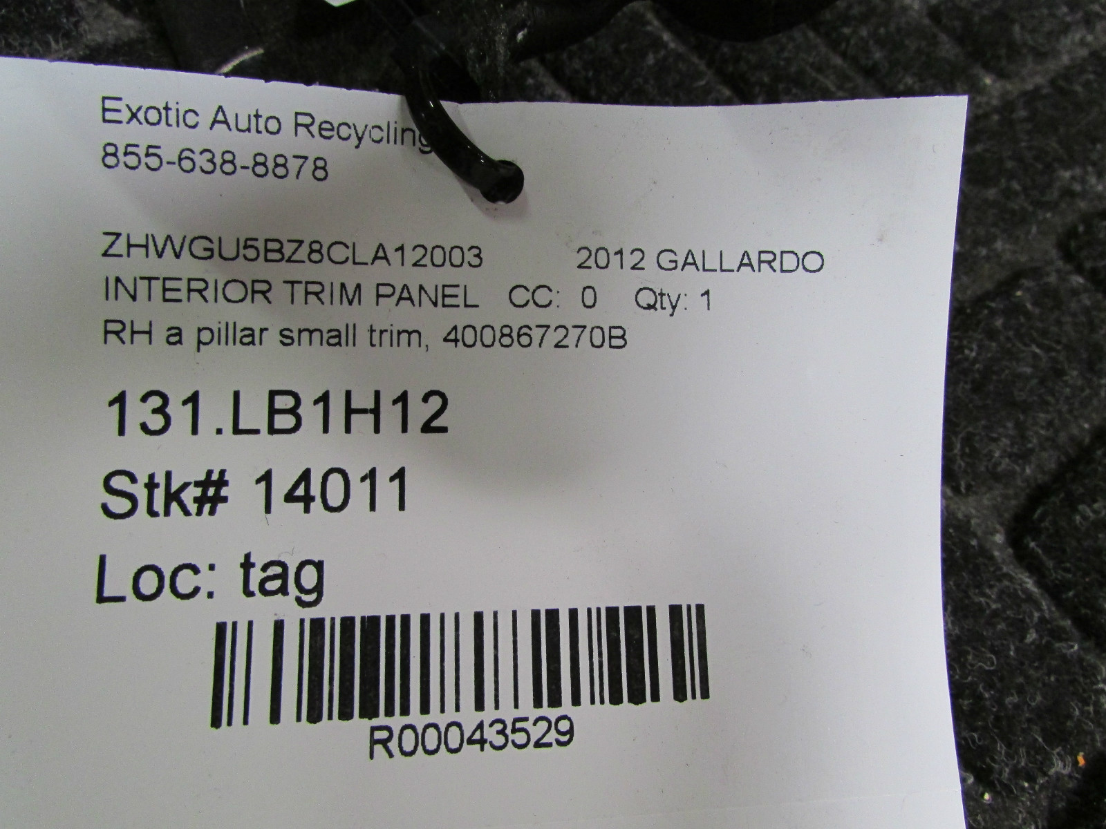 Lamborghini Gallardo, LP550,560, RH,Small A-Pillar Trim Panel, Black, 400867270B