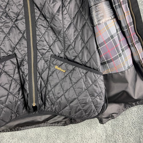 Barbour Beadnell Wax Jacket Womens Size 12 Black Tartan Hooded Full Zip Lining - Picture 11 of 23