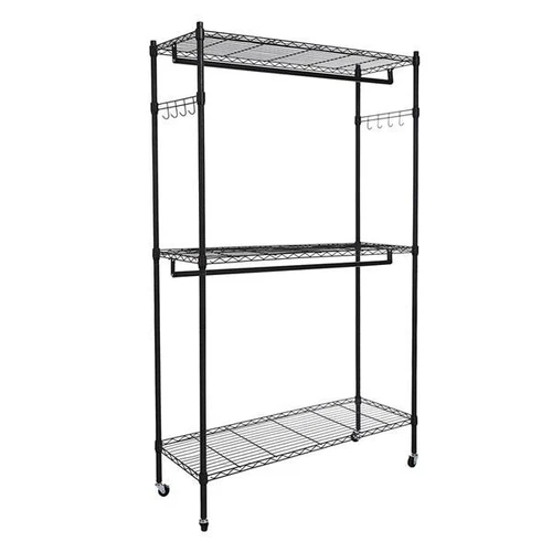 2Tier Rod Closet Organizer Garment Rack Clothes Storage Hanger Shelf Hooks - Picture 2 of 10