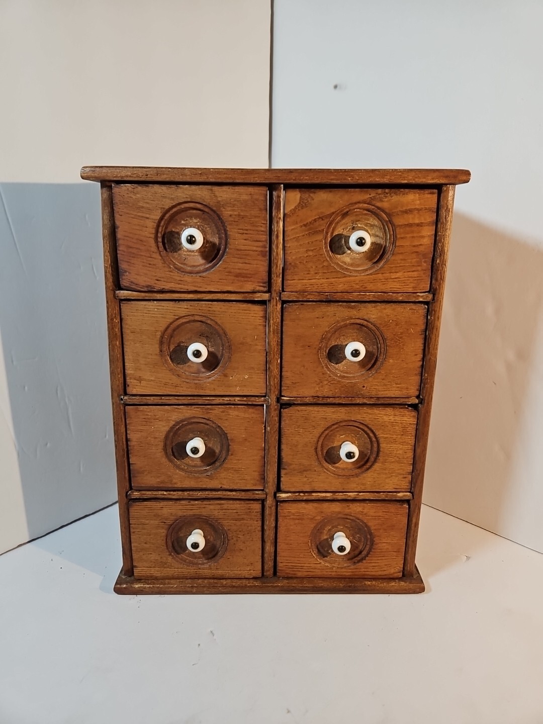 Antique Wooden 8 Drawer Spice Box Cabinet/Apothecary Chest Primitive Porcelain