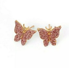 Pink Rhinestone Gold Butterfly Pendant Fashion Jewelry Stud Earrings Cute Style
