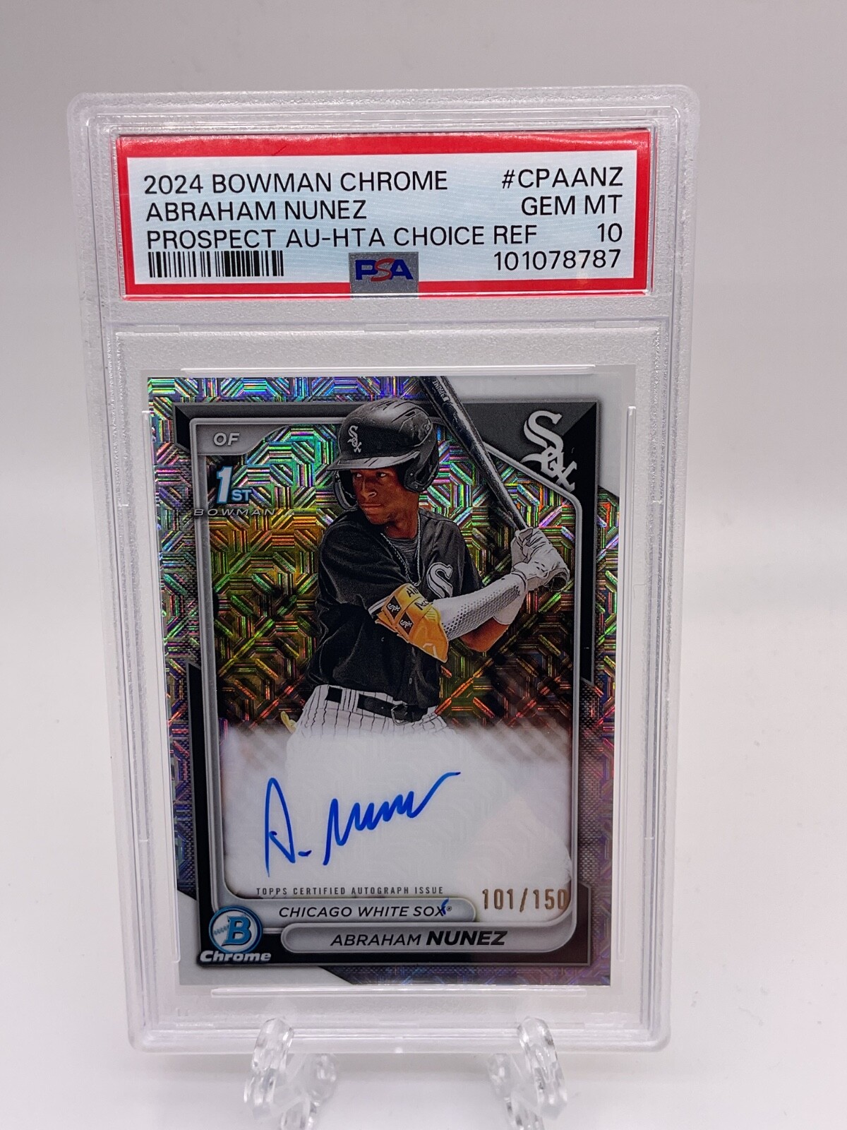 2024 bowman chrome Abraham Nunez /150 HTA choice refractor 1st auto PSA 10