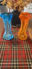 Hand Blown Art Glass 2 Orange And Blue Margie’s Garden Freeform Vases 10 3/4