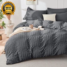 Dark Grey Duvet Cover Queen Size, Ultra Soft 3-Piece Seersucker Duvet Cover Set 