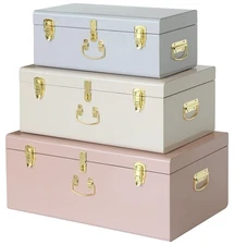 Decorative Set of 3 Metal Trunks Chest with Safety Lock Clasp for Treasure Or...