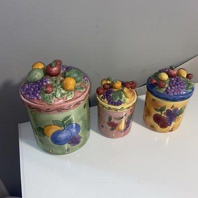 SANGO Sangria Vintage Set of 3 Ceramic Kitchen Canisters Fruit Majolica Colorful