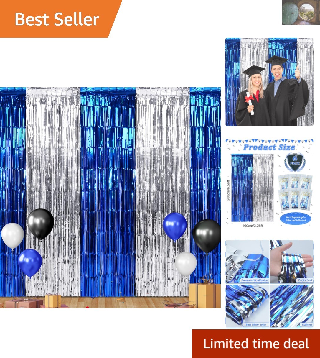 Blue Silver Tinsel Curtains for Parties, Prom, Graduation Decor