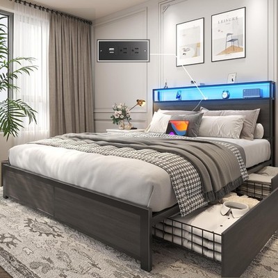King Queen Full Storage Platform Bed Frame with LED Light, Charging Station
