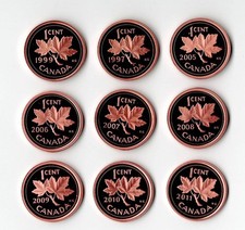 LOT OF NINE 1997-2011 CANADA PROOF ONE CENTS PENNIES - BU