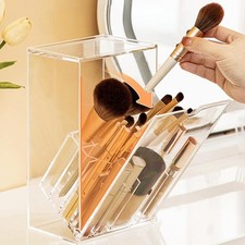 Clear Makeup Brush Holder Organizer 17 Slots Tilt Open Lid Acrylic Vanity