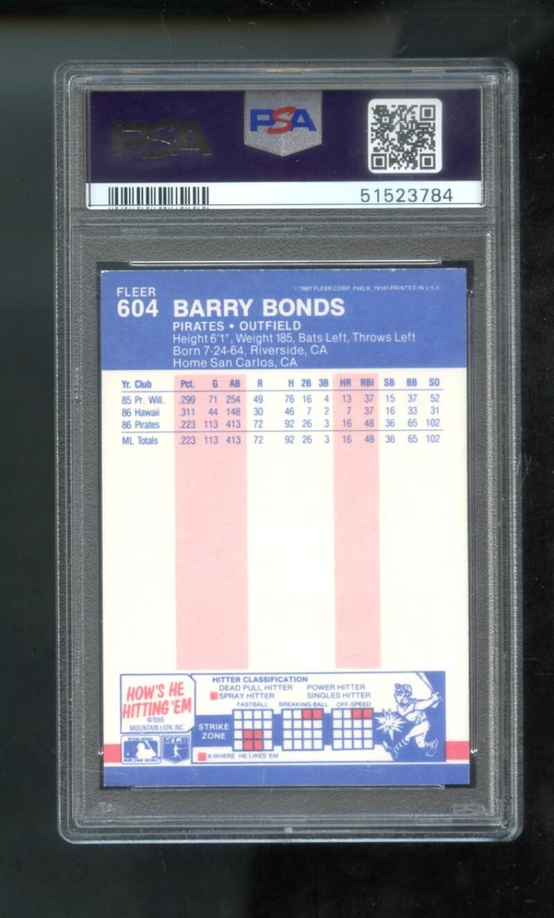 1987 Fleer #604 Barry Bonds Pirates ROOKIE RC MINT PSA 9 Graded Baseball Card view 2