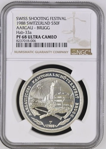 Switzerland 50 francs 1988 Brugg Shooting Festival NGC PF68 ULTRA CAMEO