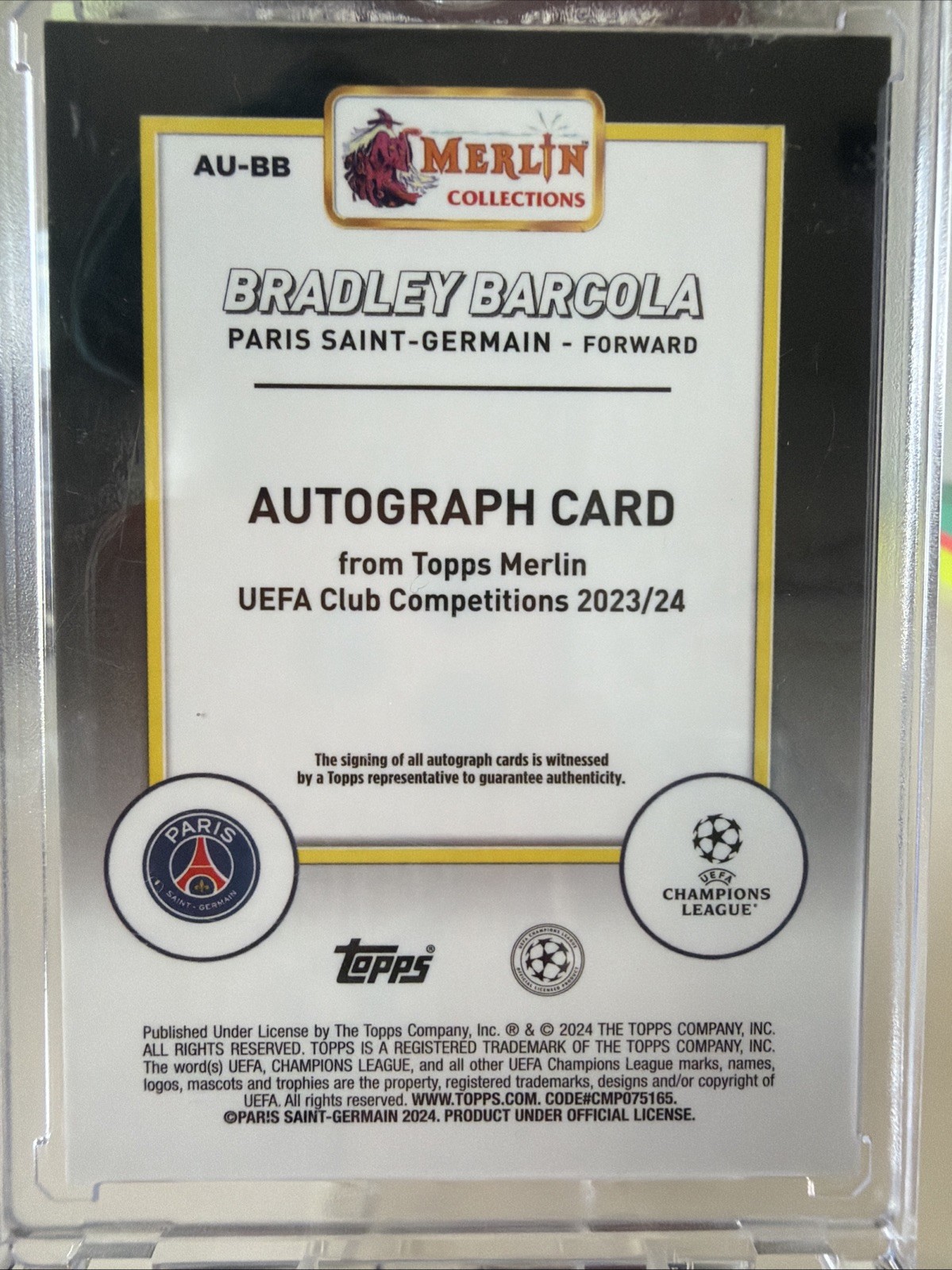 2023-24 Topps Merlin UEFA Bradley Barcola RC Rookie Auto PSG France Autograph view 2