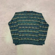 Vintage Knitted Jumper abstract patterned v-neck grandad knit sweater Men's XL