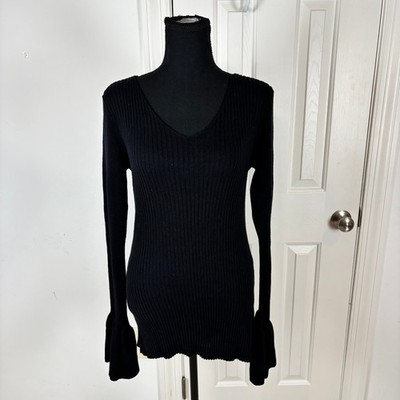 Torrid Black Ribbed Knit V-Neck Sweater Long Bell Sleeve Back Cutout Womens 1 1X