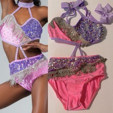Glamour solo sassy dance costume purple pink embellished rhinestone fringe LC