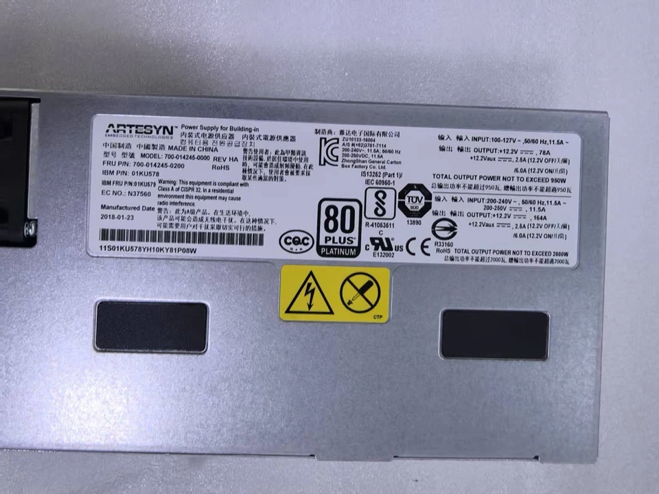 BM 01KU578 2000W 200-240 AC Power Supply CCIN 51DE 8408-44E - Image 2 of 3