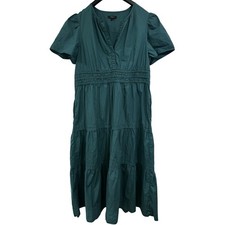 Quince Organic Cotton Poplin Tiered Maxi Dress XL Green Smocked Waist Pockets