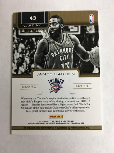 2012-13 Panini Threads James Harden #43 Authentic Threads Jersey - Picture 3 of 3