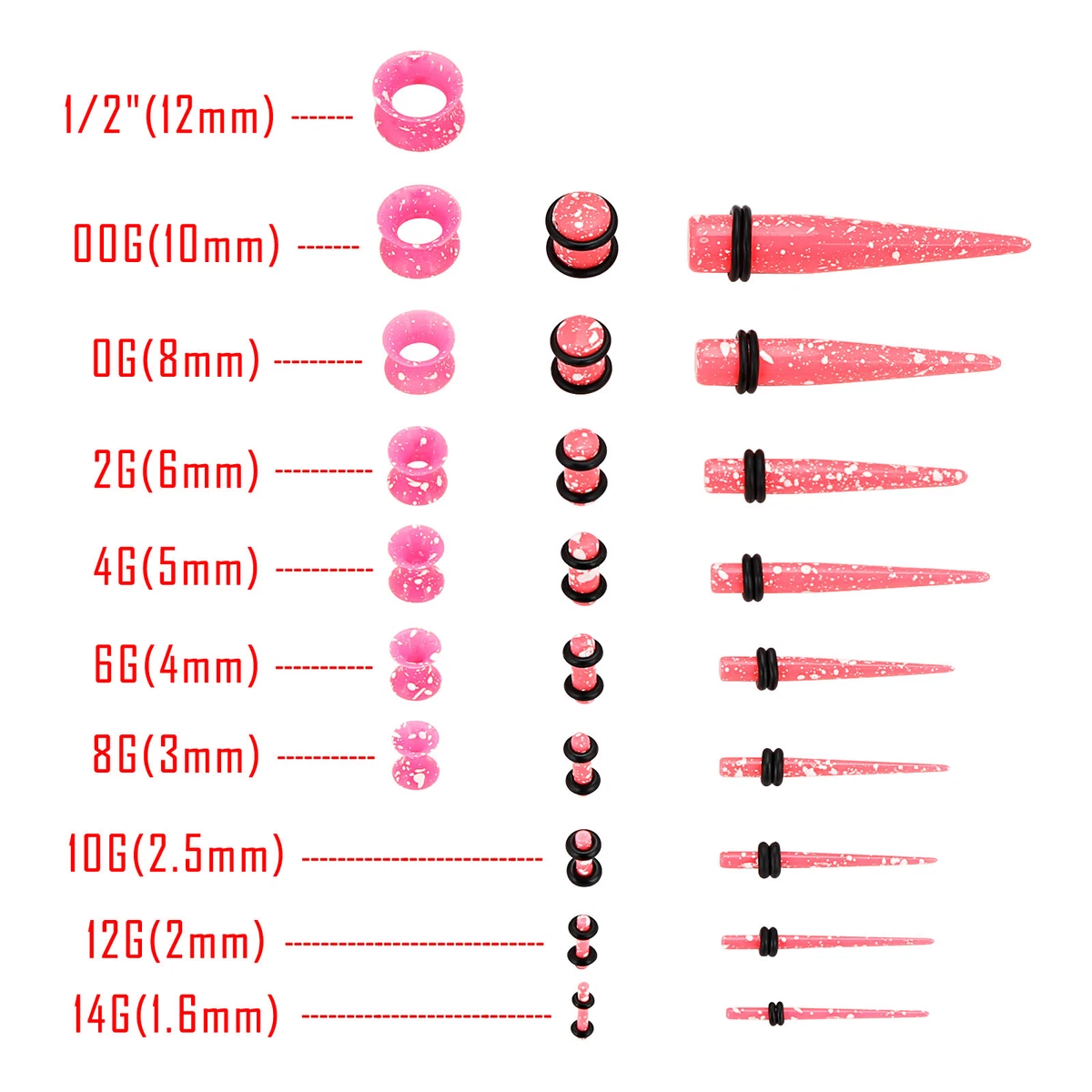 50pcs White Spots Ear Stretching Kit Acrylic Tapers Plugs Silicone