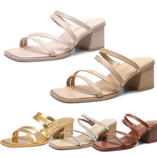 Women Low Chunky Heel Sandals Open Toe Slip On Comfort Dress Mule Heel Sandals