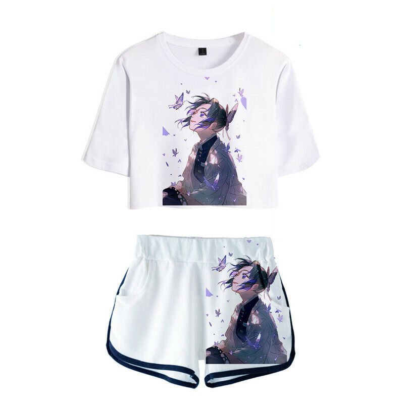 Demon Slayer Nezuko T-Shirt & Shorts Women Girls Casual Cropped Tee Shirt  Outfit