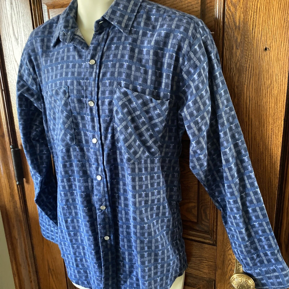 HABAND Men's Blue Plaid, Soft Cotton Flannel, Pearl Snaps Western SHIRT, Size S - Image 3 of 4