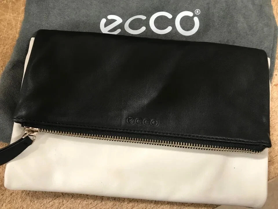 ECCO Clutch Bag Handbag & Shoulder Soft Leather Designer Black Off White eBay