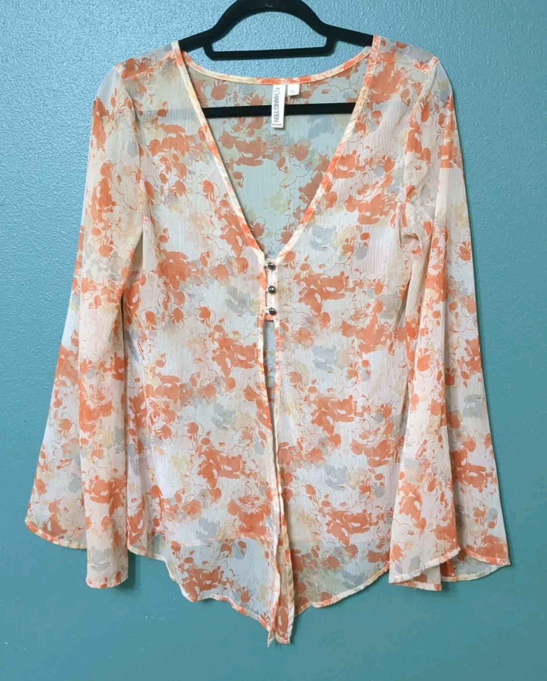 Size M Bell Sleeve Orange White Floral Sheer Boho Partial Button Front Tunic Top