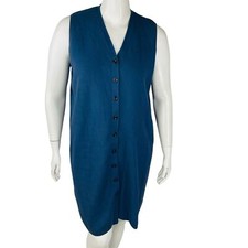 Beige Womans Dress Sz Large Dress Sweater Retro Blue Stretch Sleeveless Button