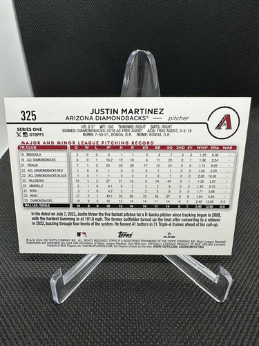 2024 Topps Justin Martinez Arizona Diamondbacks RC #325 - Picture 2 of 2
