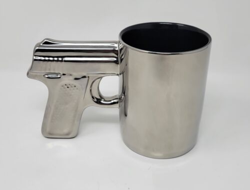 Pistol Grip Coffee Mug Silver Ceramic Cup - Picture 1 of 9