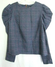 Reclaimed Vintage Multicolored Plaid Zip Back Puff Sleeve Shirt Size 10 EUC