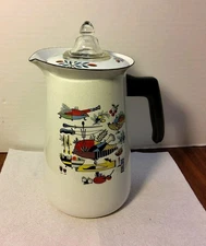 Vintage Georges Briard Turkey Motif Coffee Percolator Enamelware, Midcentury MCM