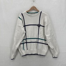 Vintage John Ashford Tennis Sweater Mens Large White Crewneck Cotton Grid 90s