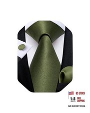 Mens Solid Color Tie and Pocket Square Set Woven Silk Plain Olive Green Solid