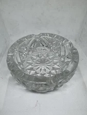 Vtg Crystal Cut Heavy Glass Ashtray 6” Starburst Design Bohemian 4 Slot *READ*