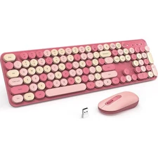 Full-Sized Colorful Silent Wireless Keyboard Mouse Combo & Round Keycaps 1600DPI