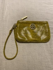 TORY BURCH Designer Wristlet Yellow Reva Croc Lizard Embossed Leather Pouch Snak