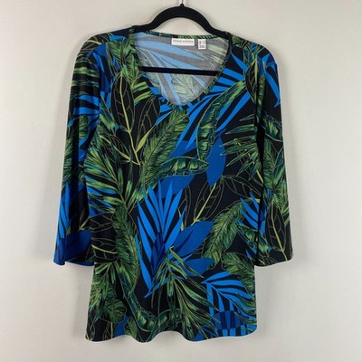 Susan Graver Printed Liquid Knit V-neck 3/4 Sleeve Top Size M Tropical Print