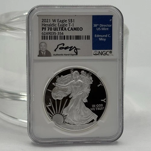 2021 W PROOF SILVER EAGLE NGC PF70 ULTRA CAMEO EDMUND MOY SIGNED LABEL TYPE 1