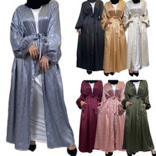 Satin Muslim Women Open Cardigan Maxi Dress Islamic Kaftan Dubai Gowns Ramadan
