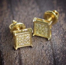 High Quality Mens Small 14K Gold Plated Earrings Square Shaped Canary Yellow Cz