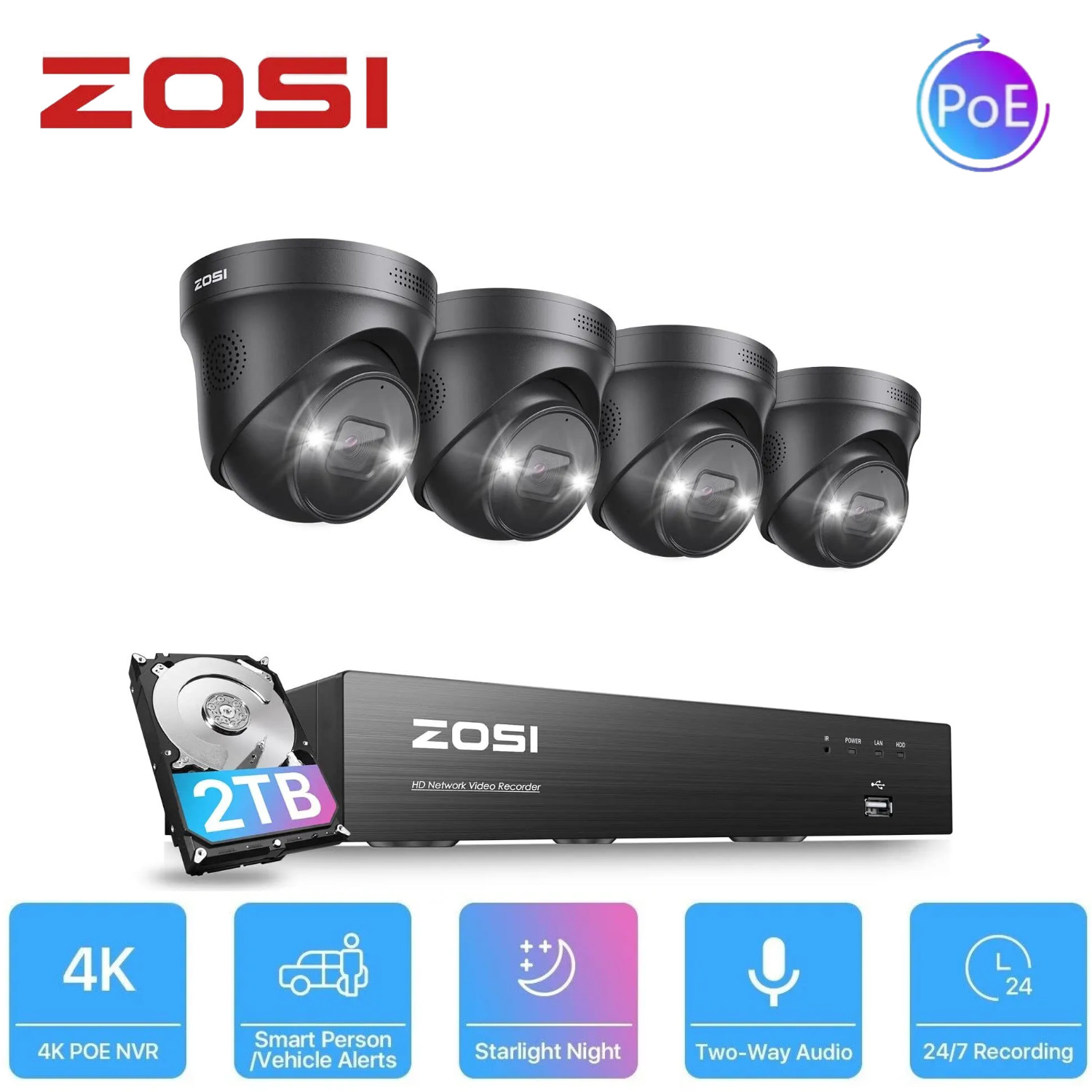 ZOSI 8CH 4K NVR 8MP PoE Security Camera System Two-Way Audio Night Vision