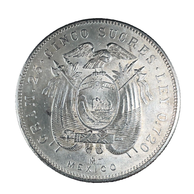 1943 Ecuador 5 Sucres Mexico City Mint UNC. Silver Coin #5 KM#79