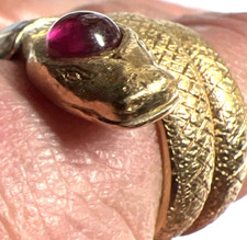 Heavy Unisex 18K Yellow Gold Handcrafted Snake Ring Size 8 Ruby Cab 28.33g LQQK 