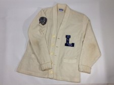 Vintage 1950s Letterman Cardigan Sweater White w/ Blue L  Indian Head Malt Shop
