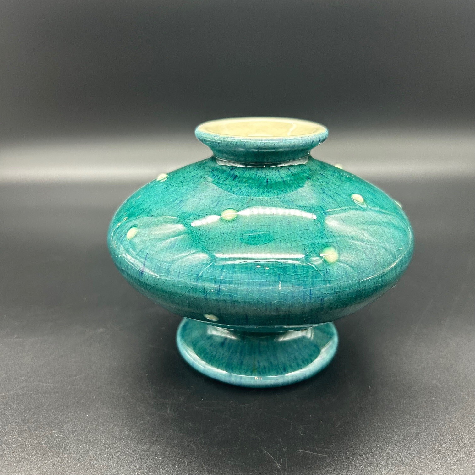 Vtg Orcas Island Pottery Vase Teal Glaze Polka Dots Handmade PNW