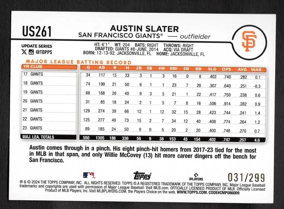 2024 Austin Slater Topps Baseball Orange Foil /299 Giants US261 - Image 2 of 2